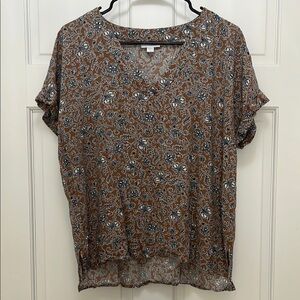 J. Jill Rayon Brown Floral Relaxed Fit Short Sleeve Blouse - Size Medium